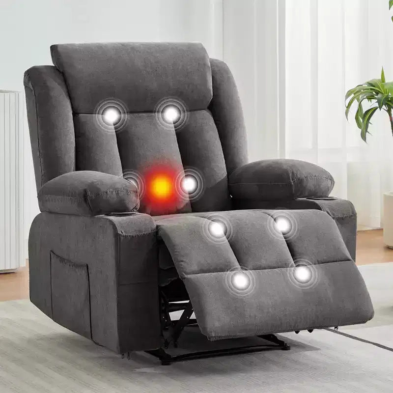 Fauteuil inclinable, Canapé inclinable manuel avec massage et chauffage, Fauteuil à bascule confortable et rembourré avec poches latérales, poches avant et porte-gobelet
