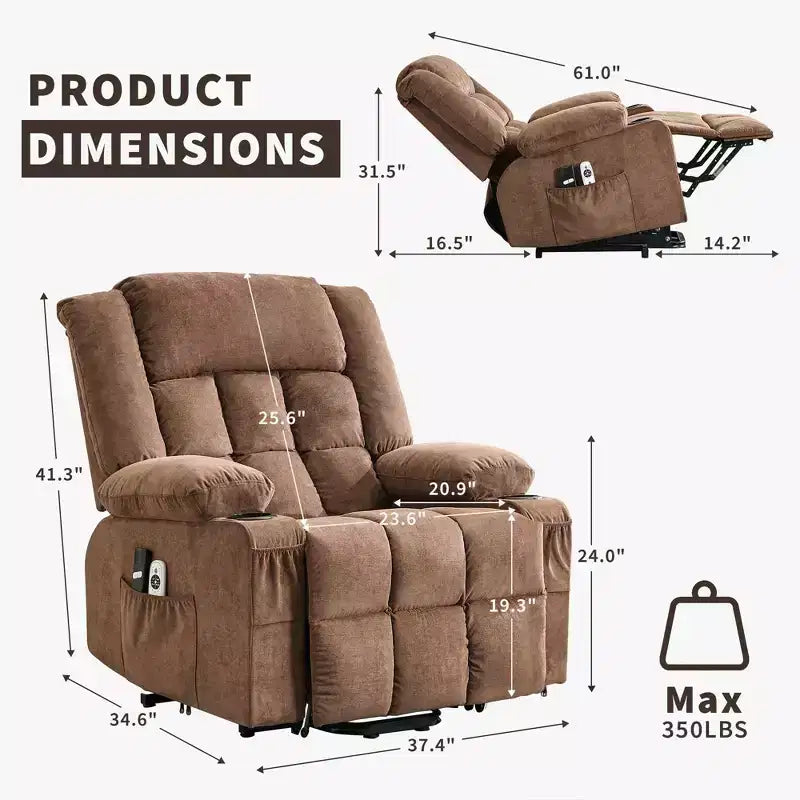 Large Recliner Chair, Manual Reclining Sofa with Massage and Heat, Comfy Sofa Chair with 3 Positions, 2 Side Pockets, 2 Front Pockets and 2 Cup Holder