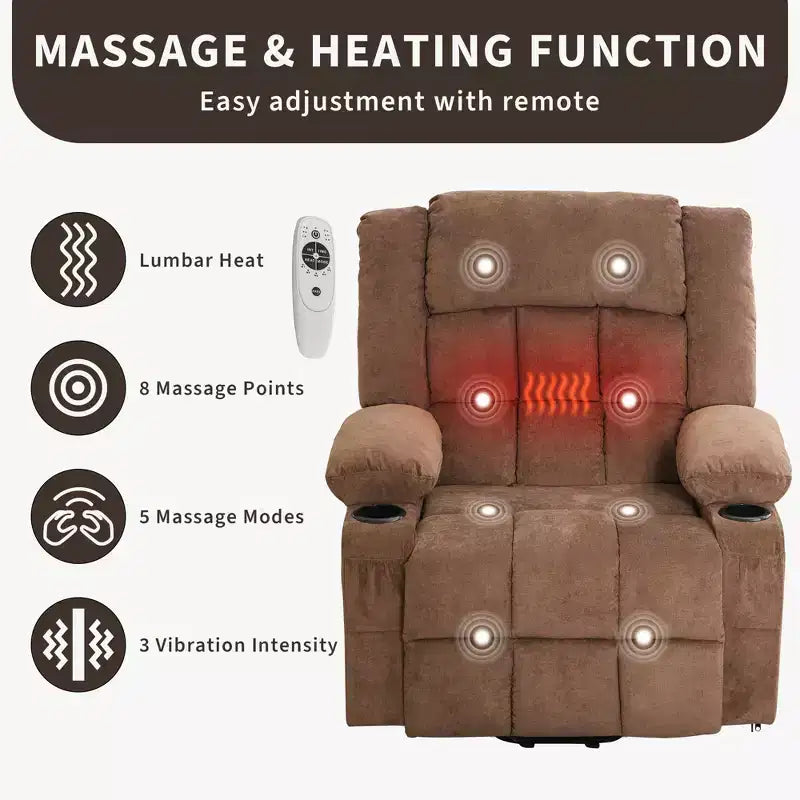 Large Recliner Chair, Manual Reclining Sofa with Massage and Heat, Comfy Sofa Chair with 3 Positions, 2 Side Pockets, 2 Front Pockets and 2 Cup Holder