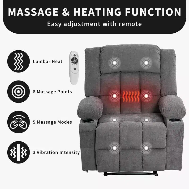Large Recliner Chair, Manual Reclining Sofa with Massage and Heat, Comfy Sofa Chair with 3 Positions, 2 Side Pockets, 2 Front Pockets and 2 Cup Holder