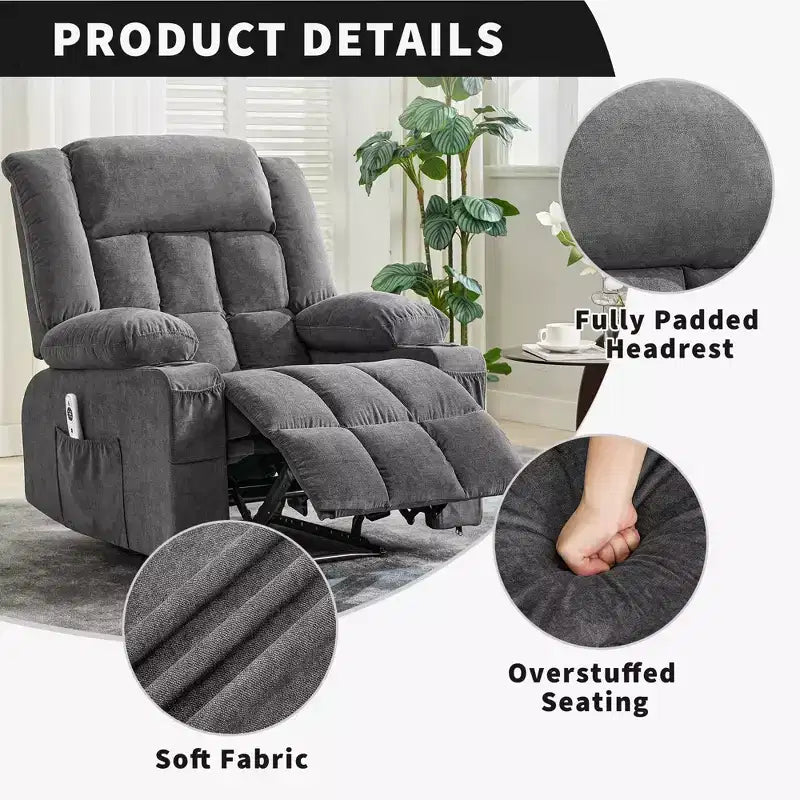 Large Recliner Chair, Manual Reclining Sofa with Massage and Heat, Comfy Sofa Chair with 3 Positions, 2 Side Pockets, 2 Front Pockets and 2 Cup Holder