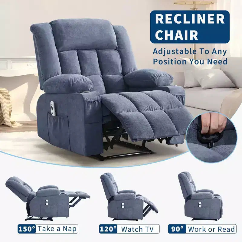 Large Recliner Chair, Manual Reclining Sofa with Massage and Heat, Comfy Sofa Chair with 3 Positions, 2 Side Pockets, 2 Front Pockets and 2 Cup Holder