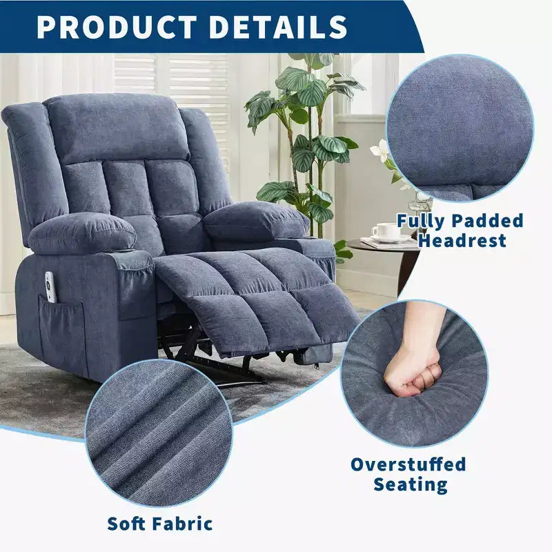 Large Recliner Chair, Manual Reclining Sofa with Massage and Heat, Comfy Sofa Chair with 3 Positions, 2 Side Pockets, 2 Front Pockets and 2 Cup Holder
