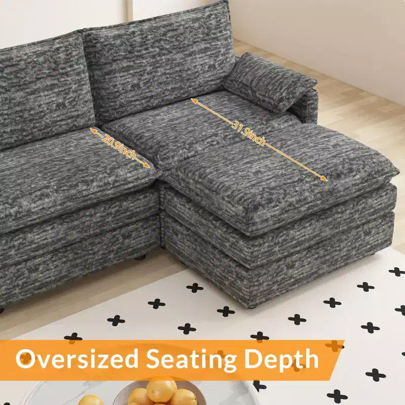 108 XL Modular Sectional Couch, Deep Seat Modern Chenille L Shaped Modular Sofa, Cloud Couch for 4 with Movable Ottoman, Sectional Sofa