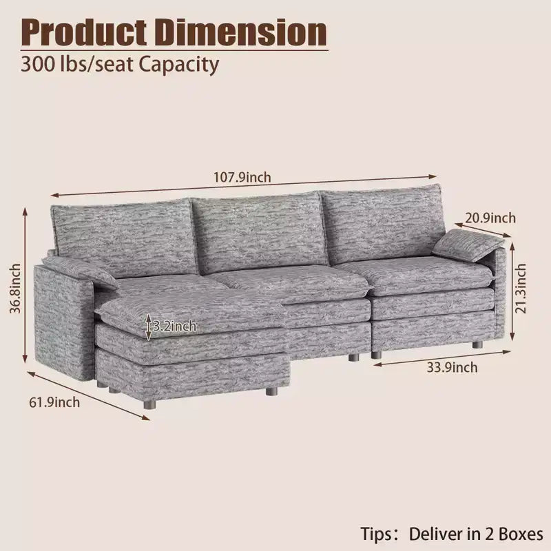 108 XL Modular Sectional Couch, Deep Seat Modern Chenille L Shaped Modular Sofa, Cloud Couch for 4 with Movable Ottoman, Sectional Sofa