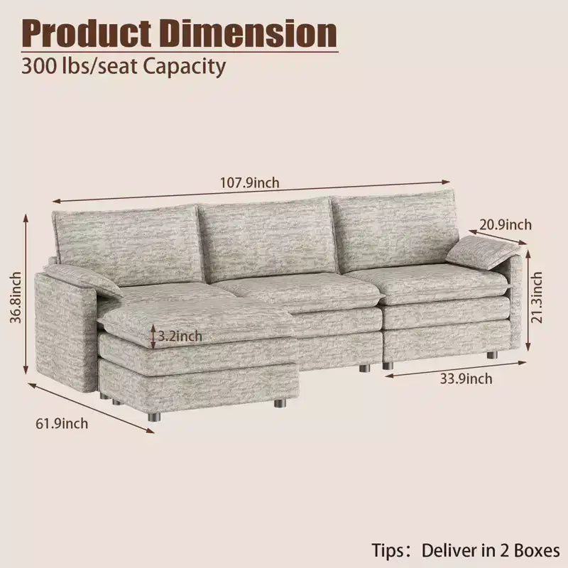 108 XL Modular Sectional Couch, Deep Seat Modern Chenille L Shaped Modular Sofa, Cloud Couch for 4 with Movable Ottoman, Sectional Sofa