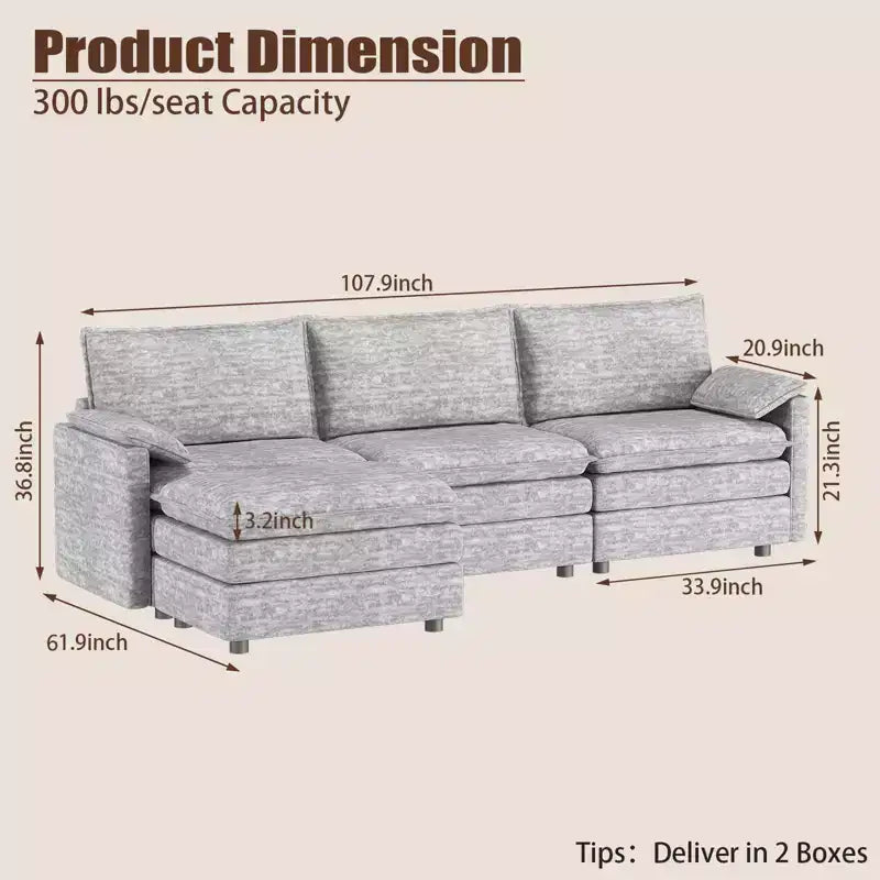 108 XL Modular Sectional Couch, Deep Seat Modern Chenille L Shaped Modular Sofa, Cloud Couch for 4 with Movable Ottoman, Sectional Sofa