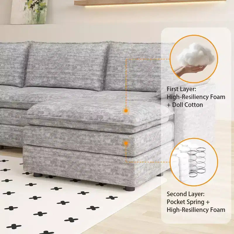 108 XL Modular Sectional Couch, Deep Seat Modern Chenille L Shaped Modular Sofa, Cloud Couch for 4 with Movable Ottoman, Sectional Sofa