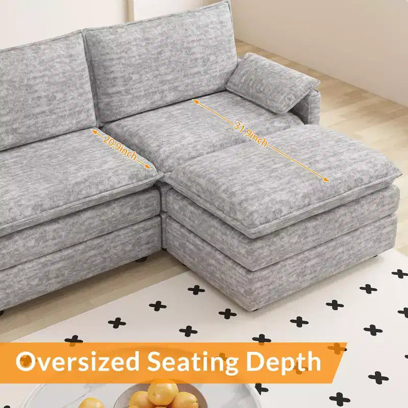 108 XL Modular Sectional Couch, Deep Seat Modern Chenille L Shaped Modular Sofa, Cloud Couch for 4 with Movable Ottoman, Sectional Sofa