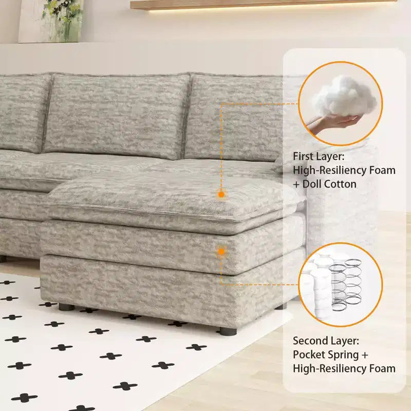 108 XL Modular Sectional Couch, Deep Seat Modern Chenille L Shaped Modular Sofa, Cloud Couch for 4 with Movable Ottoman, Sectional Sofa