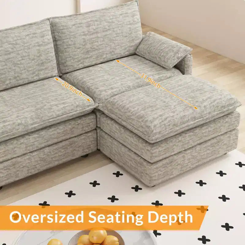 108 XL Modular Sectional Couch, Deep Seat Modern Chenille L Shaped Modular Sofa, Cloud Couch for 4 with Movable Ottoman, Sectional Sofa