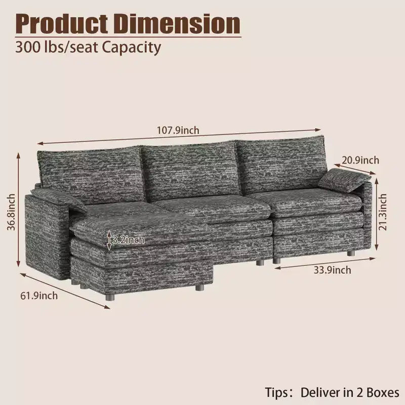 108 XL Modular Sectional Couch, Deep Seat Modern Chenille L Shaped Modular Sofa, Cloud Couch for 4 with Movable Ottoman, Sectional Sofa