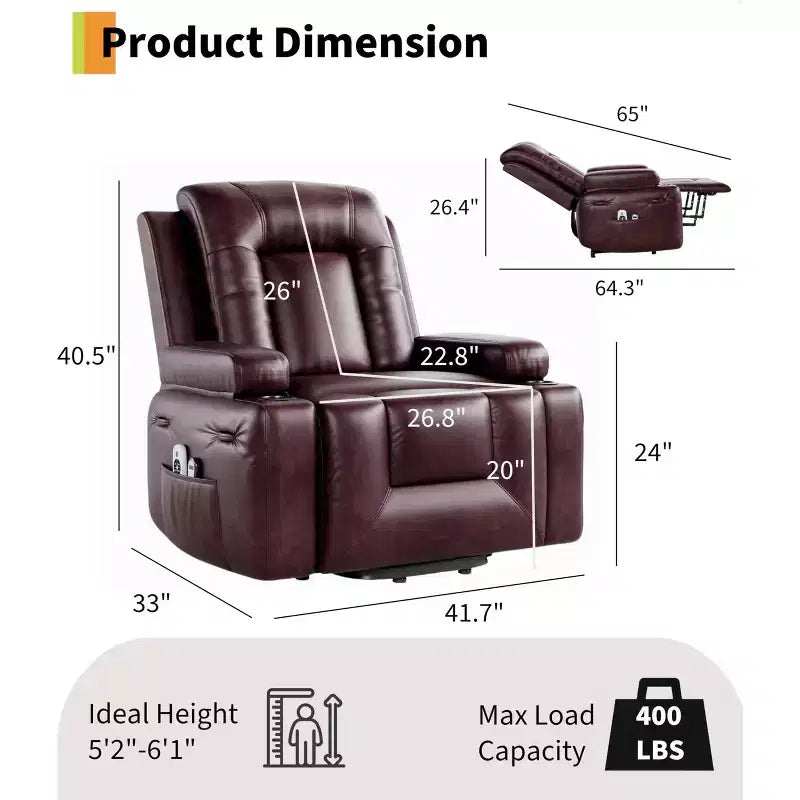 Oversized Power Lift Recliner Chair - Heat and Massage, PU Leather Electric Lift Recliner for Elderly & Mobility Impaired,Heavy Duty Lift Chair