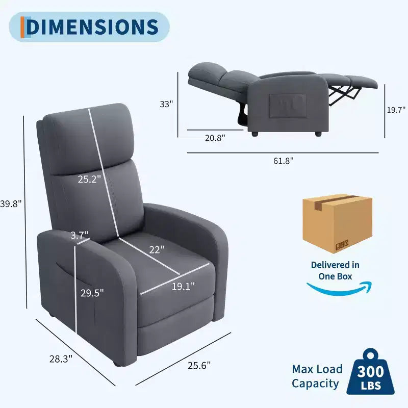 Recliner Chair for Adults, Lazy Recliner Ergonomic Adjustable Single Sofa Enhanced with Side Pocket, Tall Back, Wide Arms & Padded Seat