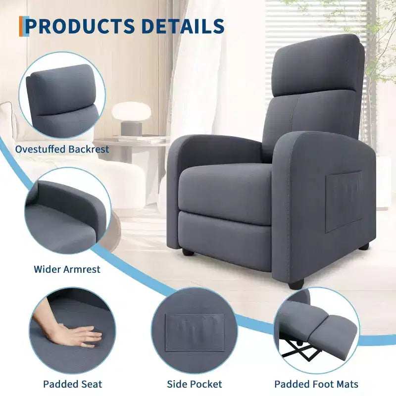 Recliner Chair for Adults, Lazy Recliner Ergonomic Adjustable Single Sofa Enhanced with Side Pocket, Tall Back, Wide Arms & Padded Seat