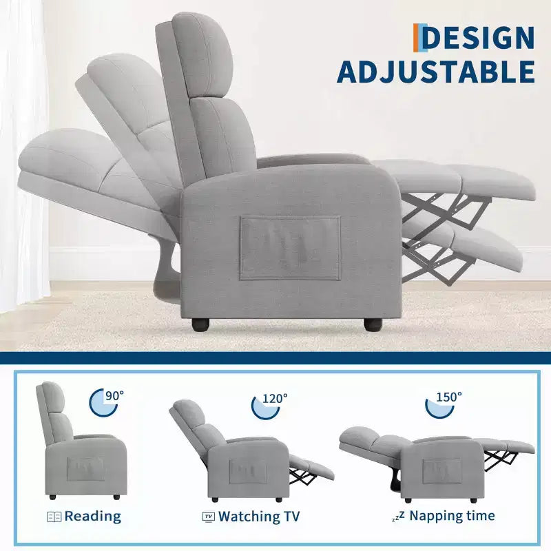 Recliner Chair for Adults, Lazy Recliner Ergonomic Adjustable Single Sofa Enhanced with Side Pocket, Tall Back, Wide Arms & Padded Seat