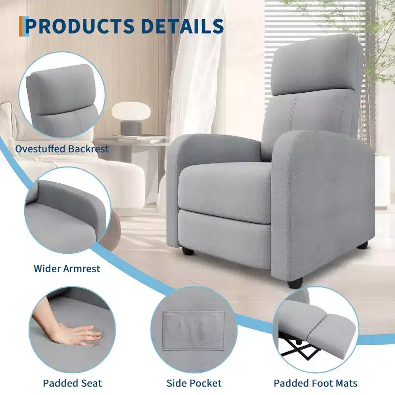 Recliner Chair for Adults, Lazy Recliner Ergonomic Adjustable Single Sofa Enhanced with Side Pocket, Tall Back, Wide Arms & Padded Seat