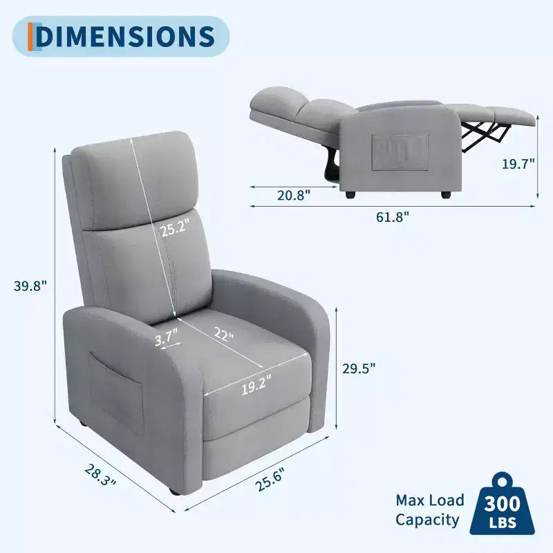 Recliner Chair for Adults, Lazy Recliner Ergonomic Adjustable Single Sofa Enhanced with Side Pocket, Tall Back, Wide Arms & Padded Seat