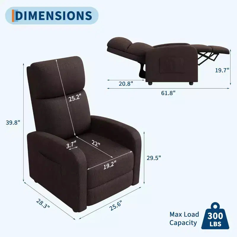 Recliner Chair for Adults, Lazy Recliner Ergonomic Adjustable Single Sofa Enhanced with Side Pocket, Tall Back, Wide Arms & Padded Seat