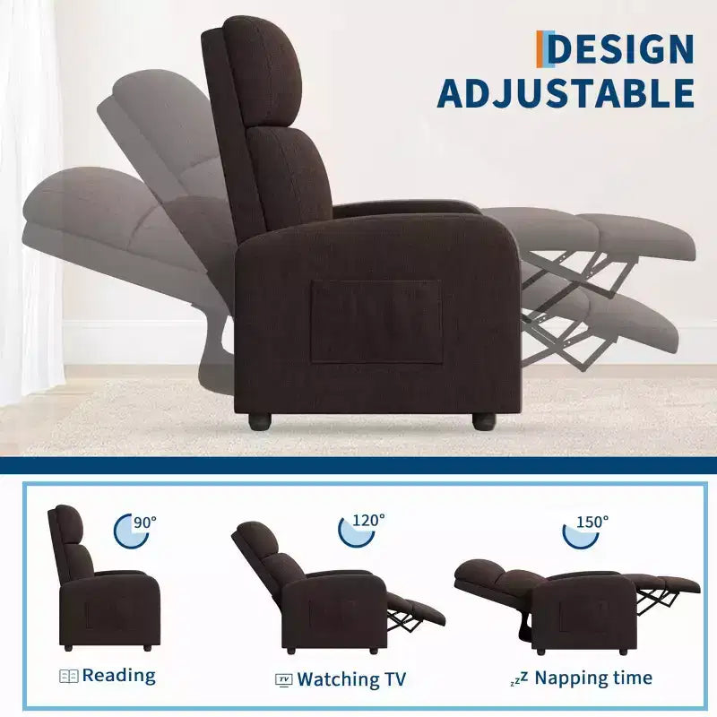 Recliner Chair for Adults, Lazy Recliner Ergonomic Adjustable Single Sofa Enhanced with Side Pocket, Tall Back, Wide Arms & Padded Seat