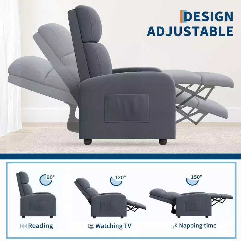 Recliner Chair for Adults, Lazy Recliner Ergonomic Adjustable Single Sofa Enhanced with Side Pocket, Tall Back, Wide Arms & Padded Seat
