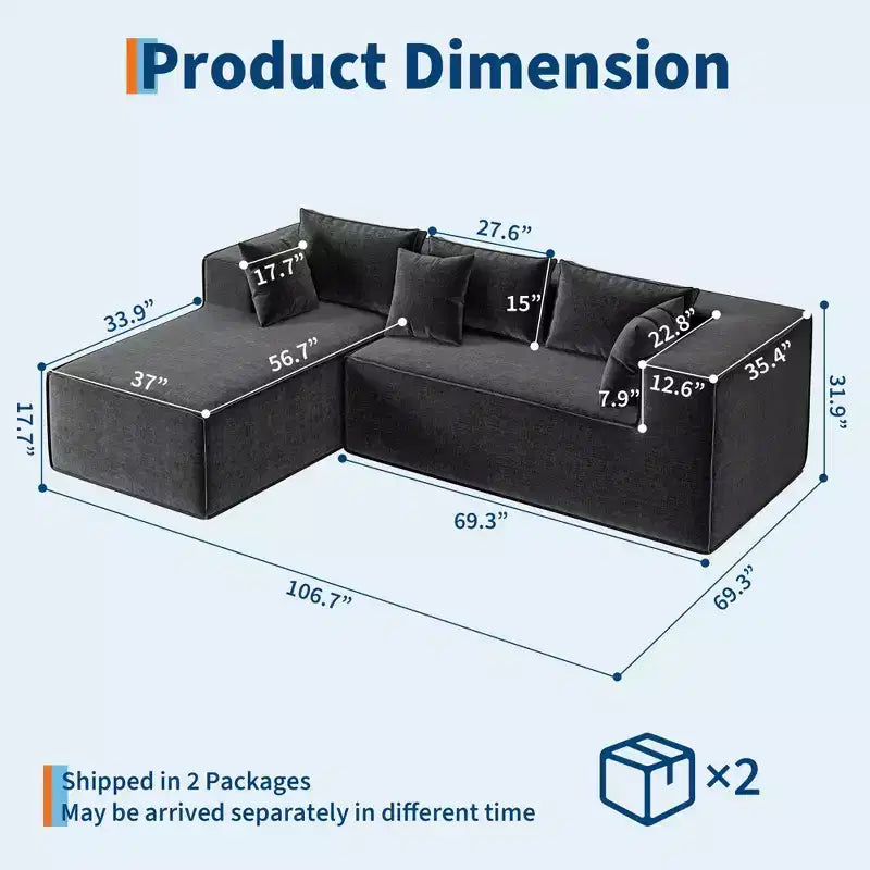Modular Sectional Couches for Living Room, Cloud Sectional Couch with Deep Seat, 106.7 Modular L-Shape Sofa with Chaise, Upholstered Couches