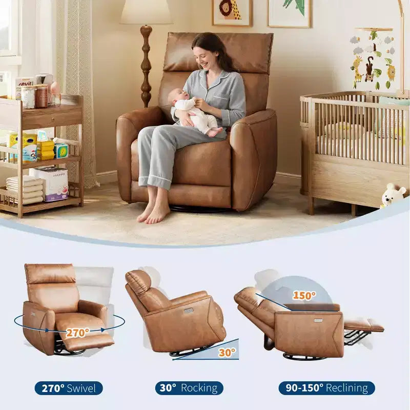 Power Recliner Chair, Swivel Rocker Chair for Adults, Upholstered Fabric Glider Recliner Nursery Chair with USB Ports