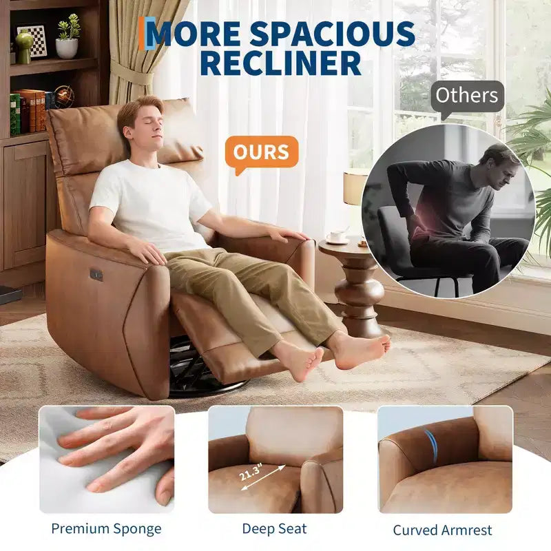 Power Recliner Chair, Swivel Rocker Chair for Adults, Upholstered Fabric Glider Recliner Nursery Chair with USB Ports