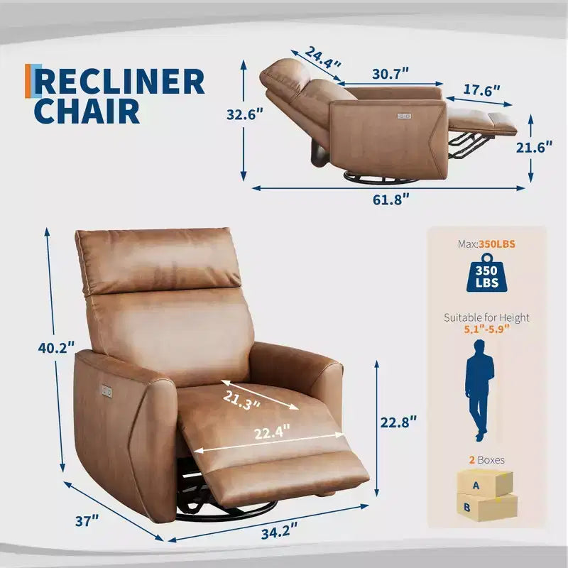 Power Recliner Chair, Swivel Rocker Chair for Adults, Upholstered Fabric Glider Recliner Nursery Chair with USB Ports