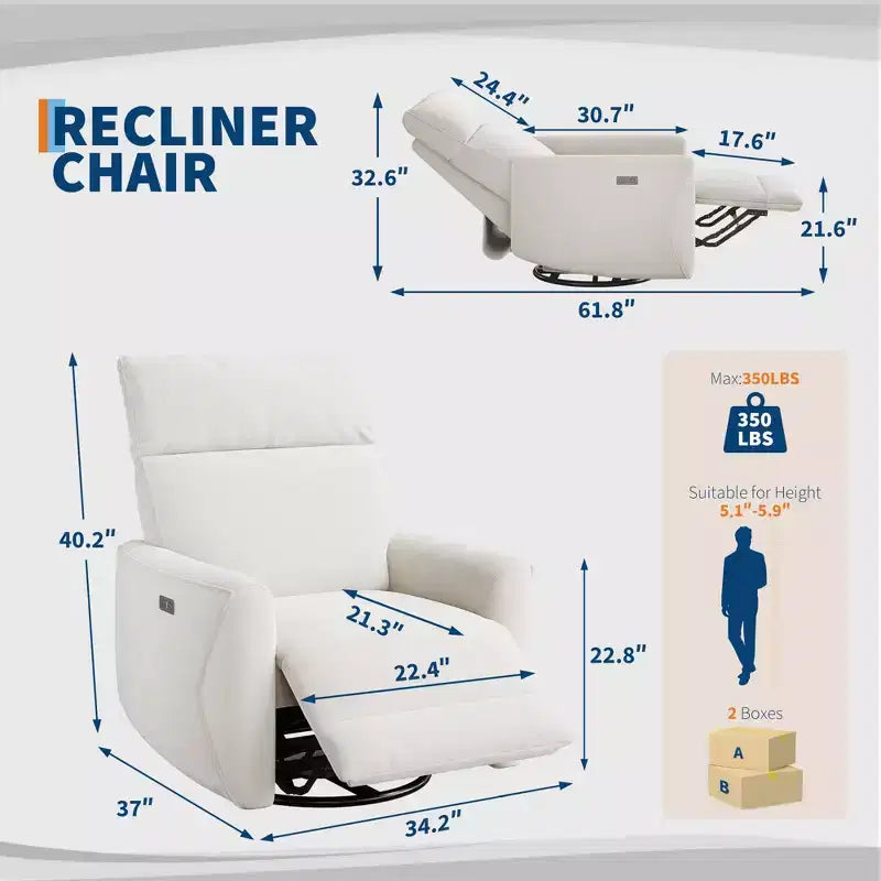 Power Recliner Chair, Swivel Rocker Chair for Adults, Upholstered Fabric Glider Recliner Nursery Chair with USB Ports