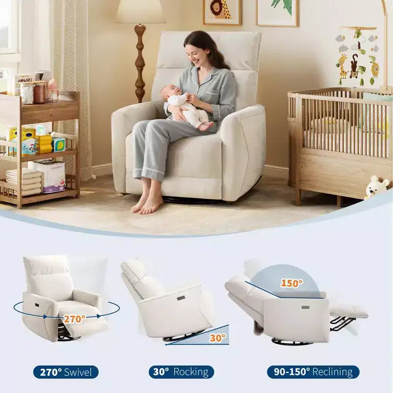 Power Recliner Chair, Swivel Rocker Chair for Adults, Upholstered Fabric Glider Recliner Nursery Chair with USB Ports