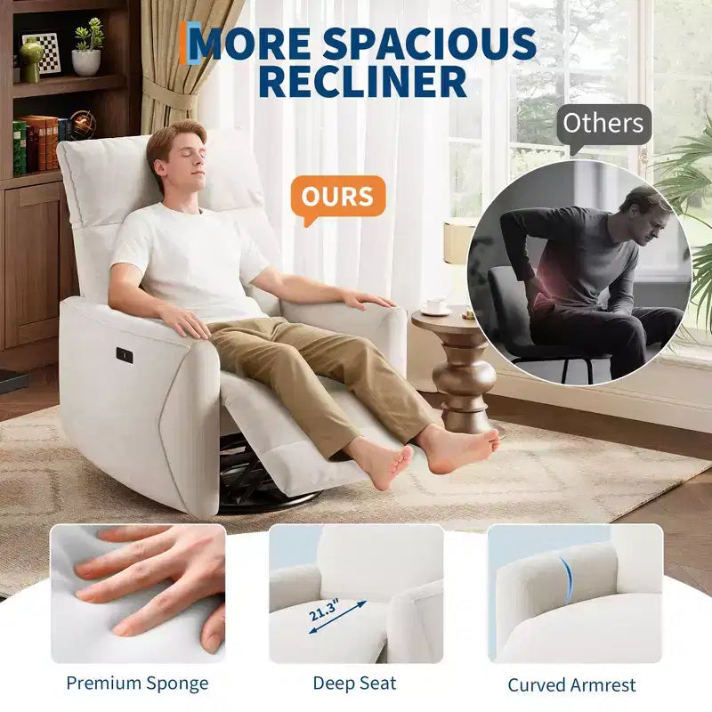 Power Recliner Chair, Swivel Rocker Chair for Adults, Upholstered Fabric Glider Recliner Nursery Chair with USB Ports