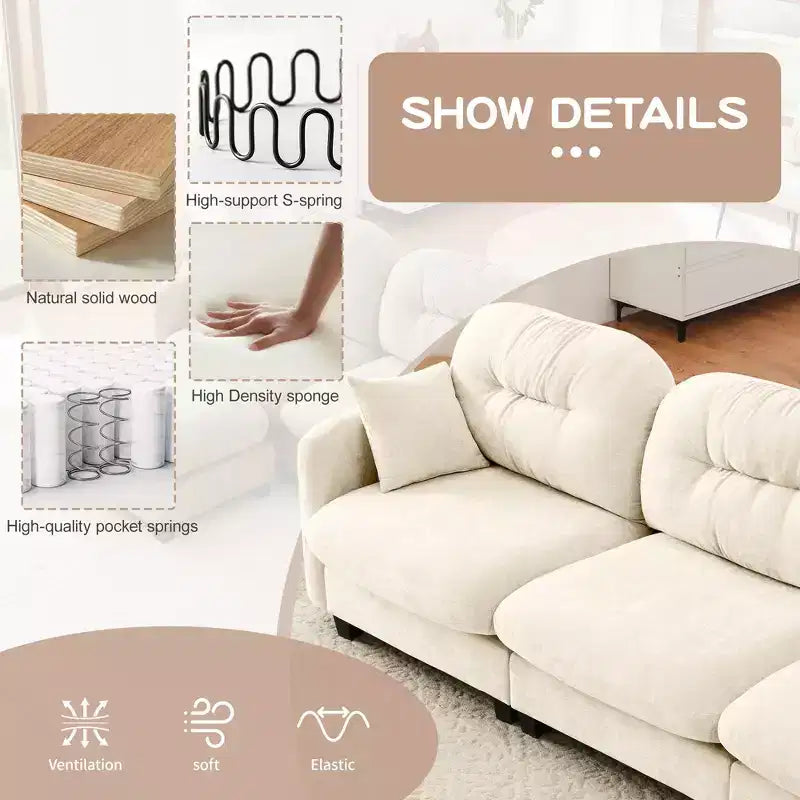 107 Beige Three-Seater Modular Sectional Couch Soft Chenille Fabric High-Density Foam High Quality Wooden Base for Living Rooms