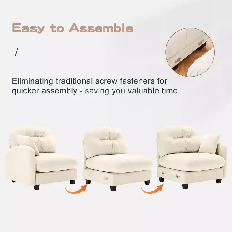 107 Beige Three-Seater Modular Sectional Couch Soft Chenille Fabric High-Density Foam High Quality Wooden Base for Living Rooms