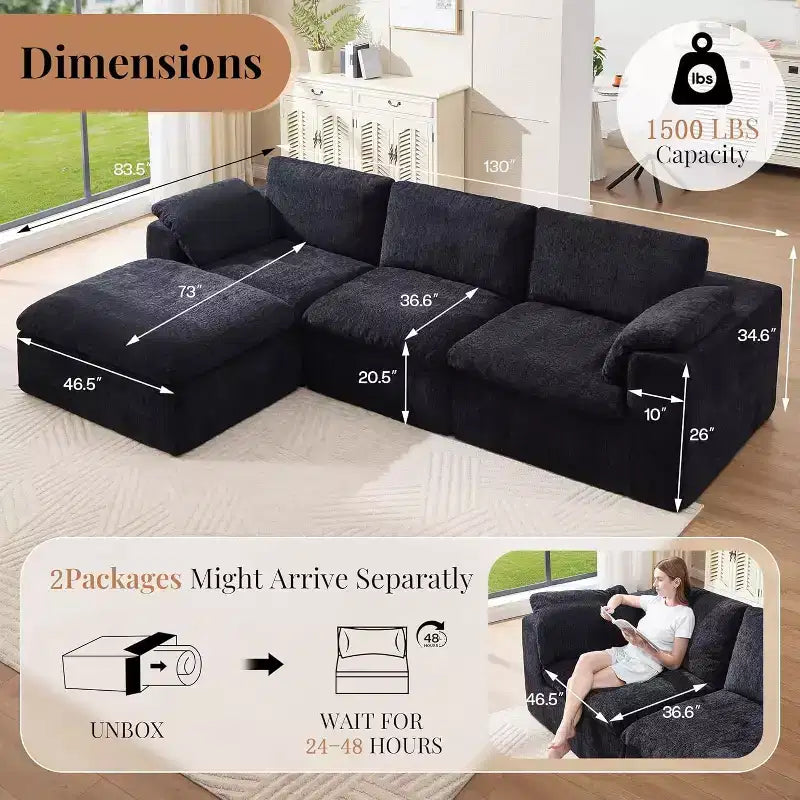 AMERLIFE Cloud Couch Sectional  Oversized Modular Sofa with 83.5 Deep Chaise, No-Assembly Design for Living Room, Chenille
