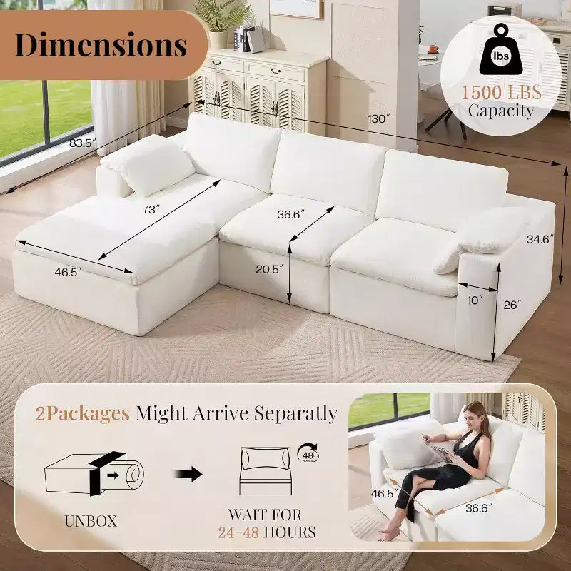 AMERLIFE Cloud Couch Sectional  Oversized Modular Sofa with 83.5 Deep Chaise, No-Assembly Design for Living Room, Chenille