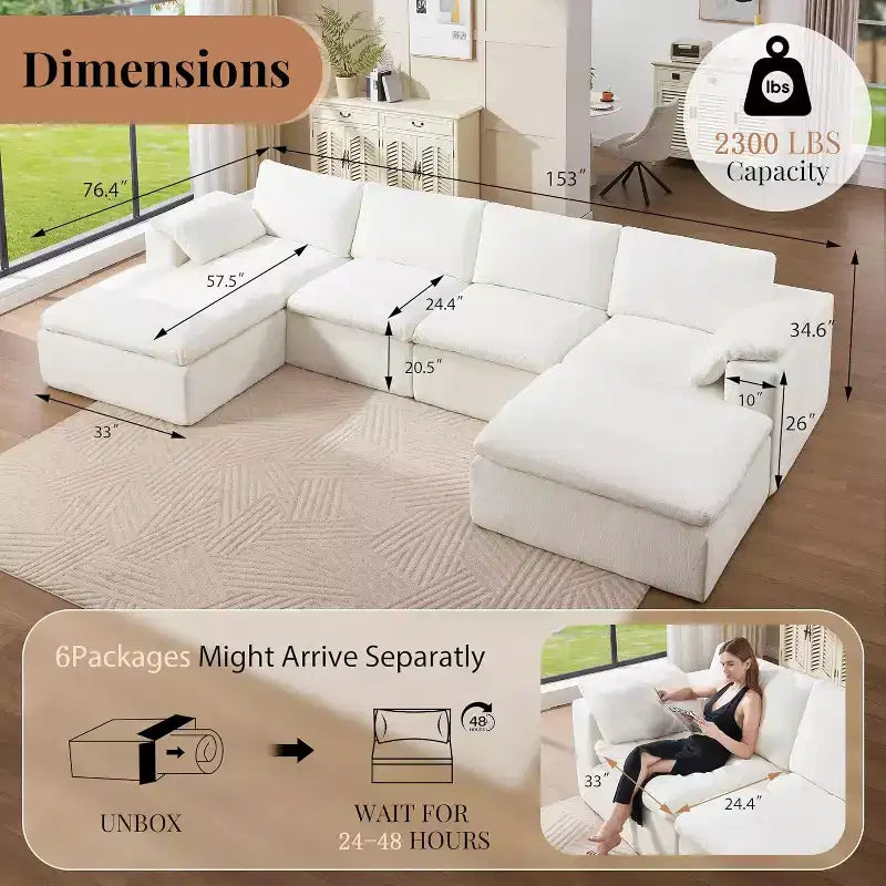 AMERLIFE Cloud Couch Sectional  Oversized Modular Sofa with 83.5 Deep Chaise, No-Assembly Design for Living Room, Chenille