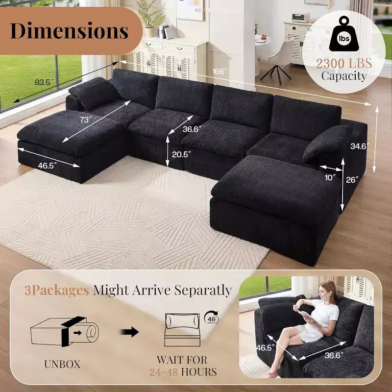 AMERLIFE Cloud Couch Sectional  Oversized Modular Sofa with 83.5 Deep Chaise, No-Assembly Design for Living Room, Chenille