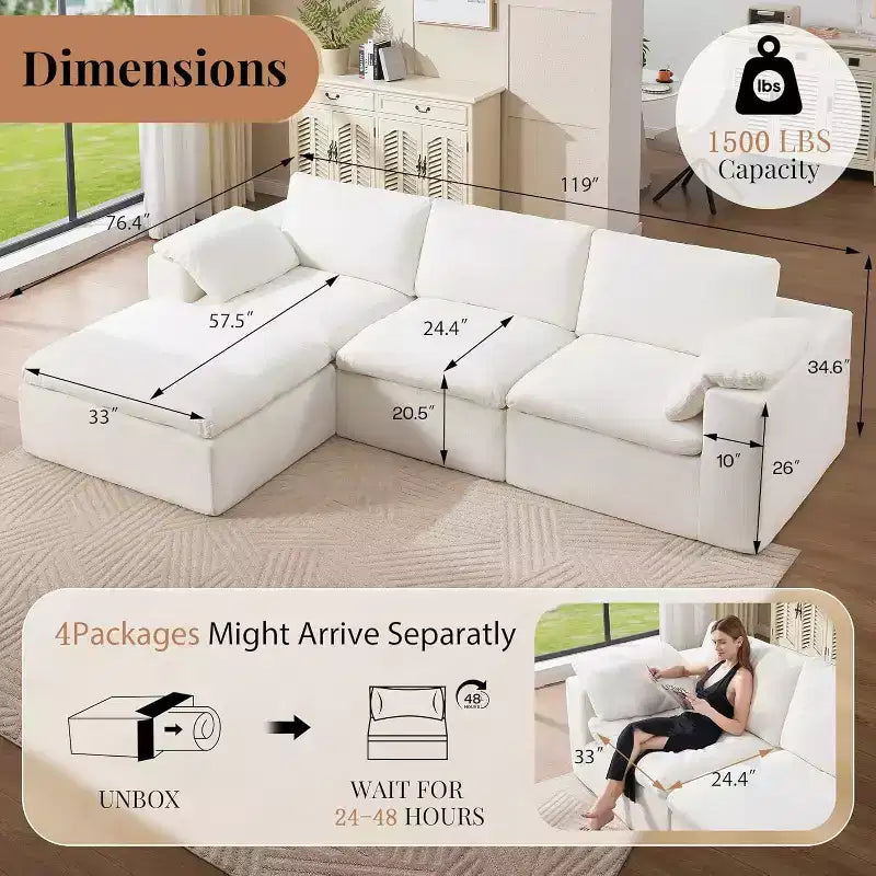 AMERLIFE Cloud Couch Sectional  Oversized Modular Sofa with 83.5 Deep Chaise, No-Assembly Design for Living Room, Chenille