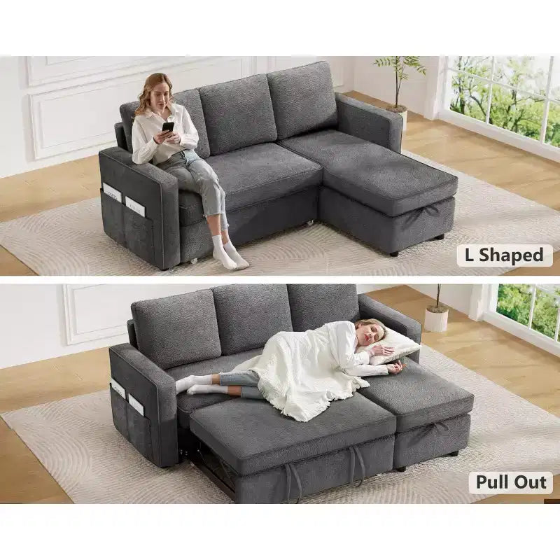 Dyonery 81 Sleeper Sofa Bed, 2 in 1 Pull Out Couch with More Storage Space, Sectional L-Shaped Couch Sofa Sleeper with Side Pockets