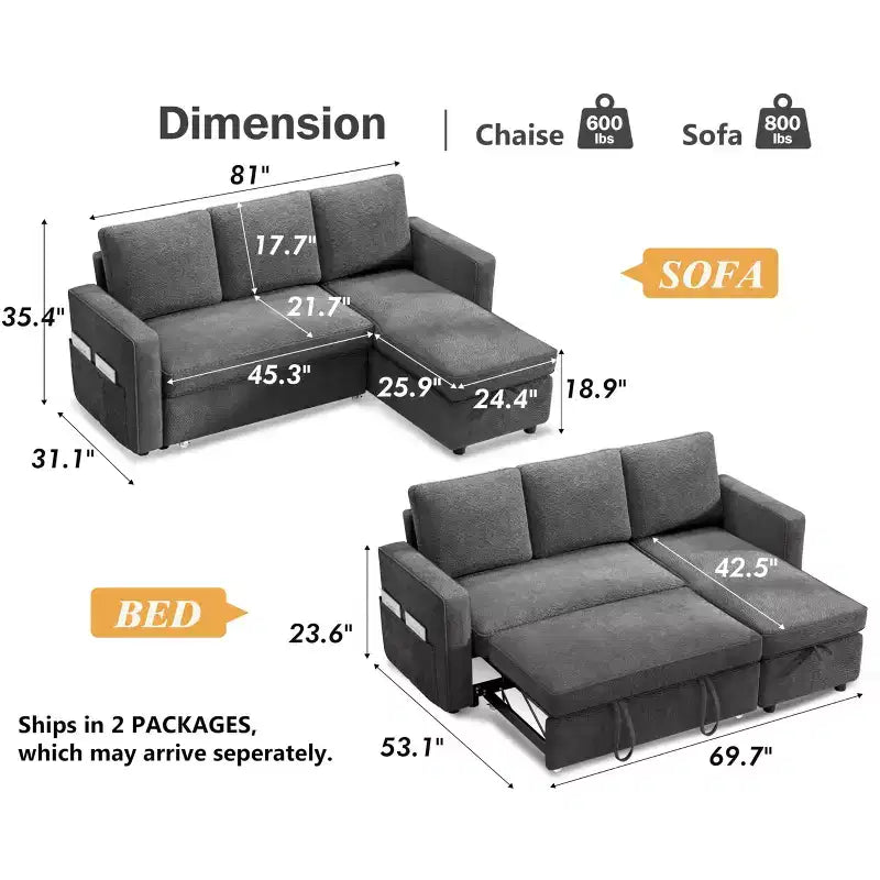 Dyonery 81 Sleeper Sofa Bed, 2 in 1 Pull Out Couch with More Storage Space, Sectional L-Shaped Couch Sofa Sleeper with Side Pockets