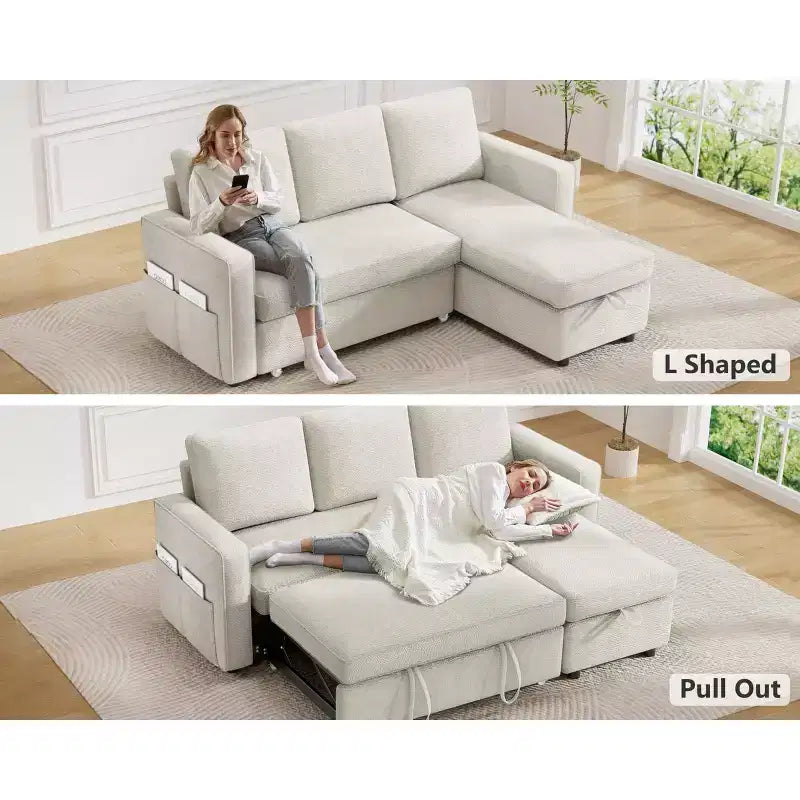Dyonery 81 Sleeper Sofa Bed, 2 in 1 Pull Out Couch with More Storage Space, Sectional L-Shaped Couch Sofa Sleeper with Side Pockets