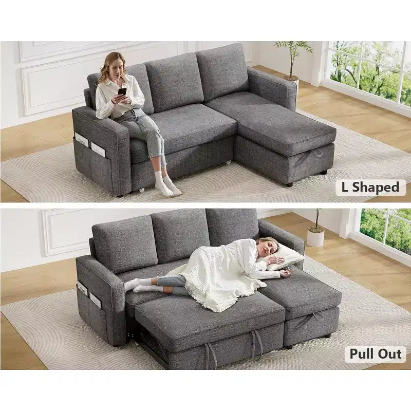 Dyonery 81 Sleeper Sofa Bed, 2 in 1 Pull Out Couch with More Storage Space, Sectional L-Shaped Couch Sofa Sleeper with Side Pockets