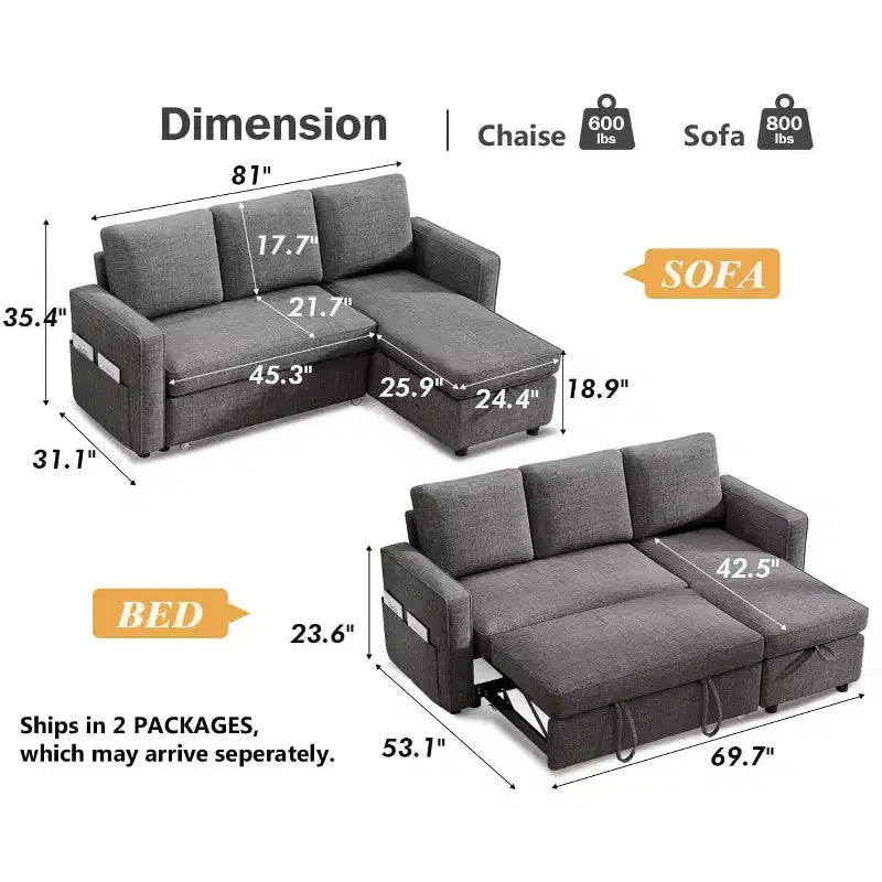 Dyonery 81 Sleeper Sofa Bed, 2 in 1 Pull Out Couch with More Storage Space, Sectional L-Shaped Couch Sofa Sleeper with Side Pockets