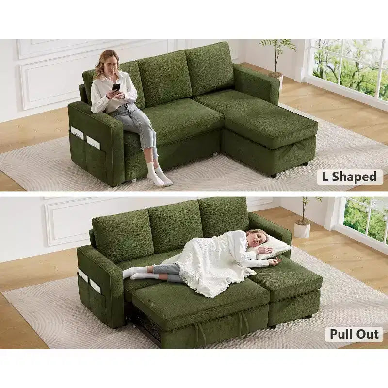 Dyonery 81 Sleeper Sofa Bed, 2 in 1 Pull Out Couch with More Storage Space, Sectional L-Shaped Couch Sofa Sleeper with Side Pockets