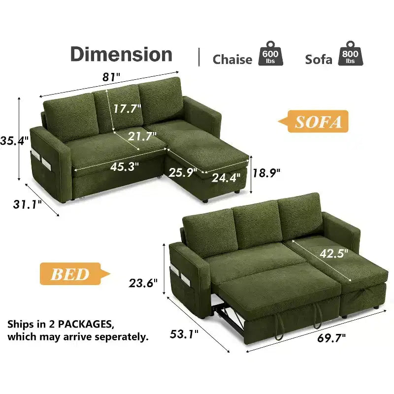 Dyonery 81 Sleeper Sofa Bed, 2 in 1 Pull Out Couch with More Storage Space, Sectional L-Shaped Couch Sofa Sleeper with Side Pockets