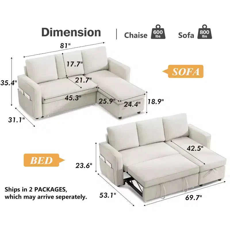 Dyonery 81 Sleeper Sofa Bed, 2 in 1 Pull Out Couch with More Storage Space, Sectional L-Shaped Couch Sofa Sleeper with Side Pockets