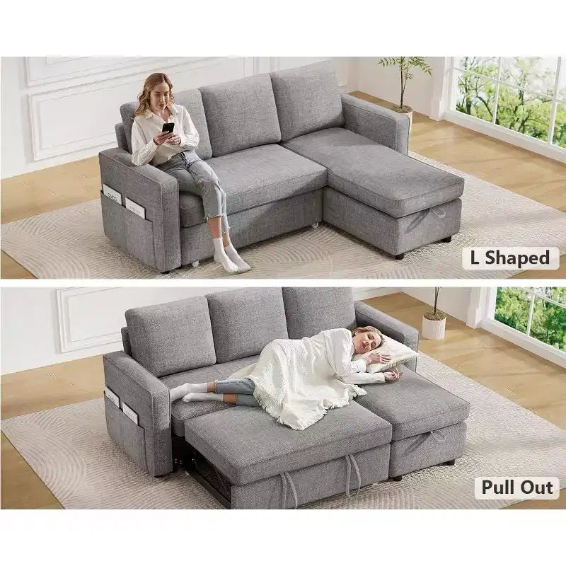 Dyonery 81 Sleeper Sofa Bed, 2 in 1 Pull Out Couch with More Storage Space, Sectional L-Shaped Couch Sofa Sleeper with Side Pockets
