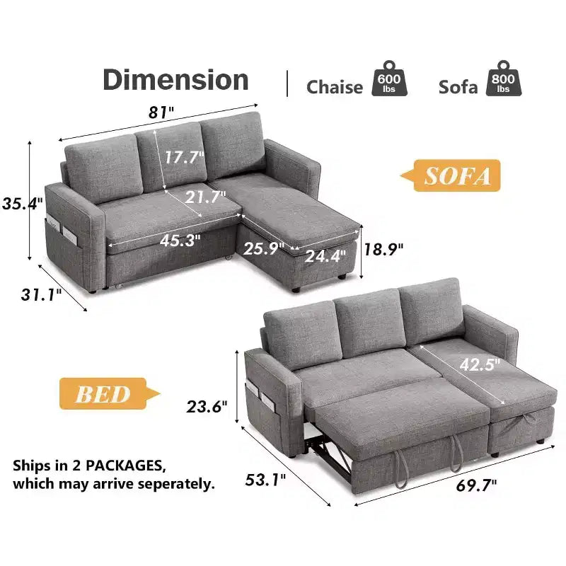 Dyonery 81 Sleeper Sofa Bed, 2 in 1 Pull Out Couch with More Storage Space, Sectional L-Shaped Couch Sofa Sleeper with Side Pockets