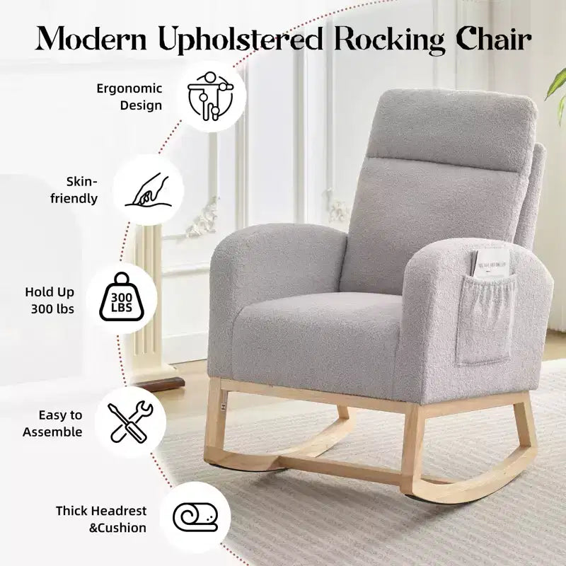 Modern Nursery Rocking Chair, Upholstered Glider Rocking Chair with Side Pockets, Rocking Armchair, Comfortable Recliner for Living Room